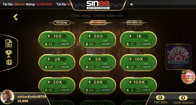 Sảnh casino Mậu binh cực kì cuốn hút anh em bet thủ Sin88